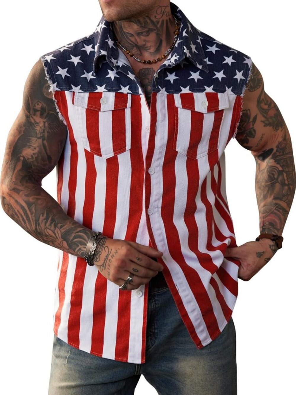 Patriotic Denim Vest for Men | Sleeveless American Flag Jacket with Pockets
